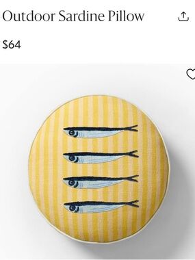 West Elm Yellow Striped Round Pillow with Blue Sardine Motif